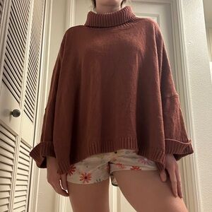Oversized Boho Rust Turtleneck Sweater Cuffed Bell Sleeves Minimalist